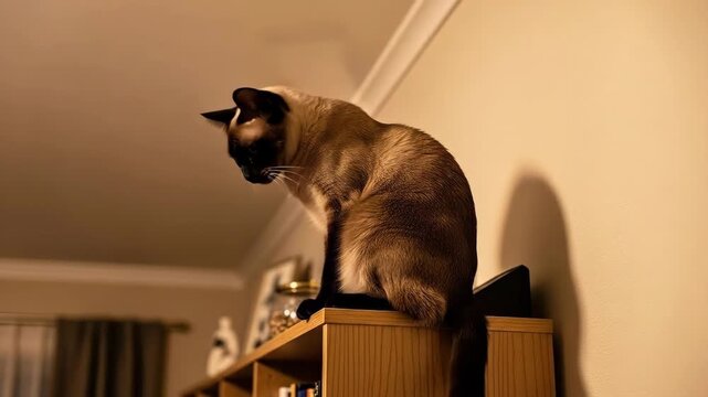 A beautiful Siamese cat sits alertly on a wooden bookshelf, watching intently indoors.