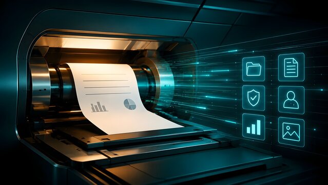 Digital document digitization process scanning physical paper into glowing data stream and virtual management icons inside futuristic machine