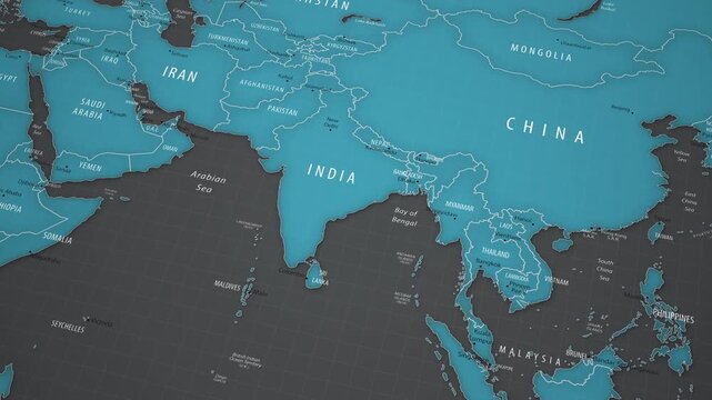 Animated political map showing the location of India in Asia. The camera gradually approaches the country, bringing New Delhi, neighboring states, national borders, the Arabian Sea, the Bay of Bengal,