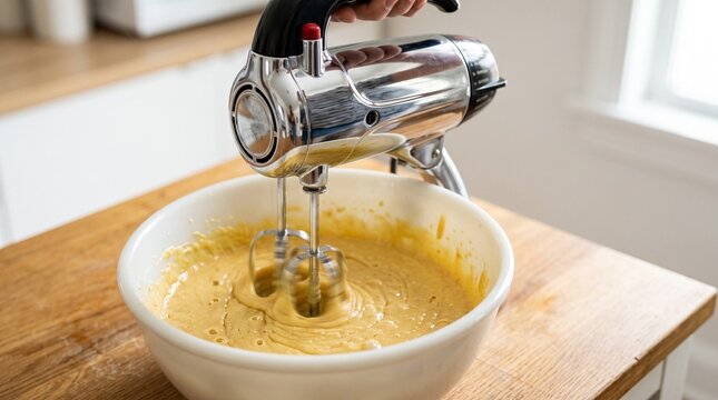 Vintage hand mixer chrome, Electric mixer blending cake batter in a ceramic bowl on wooden counter  