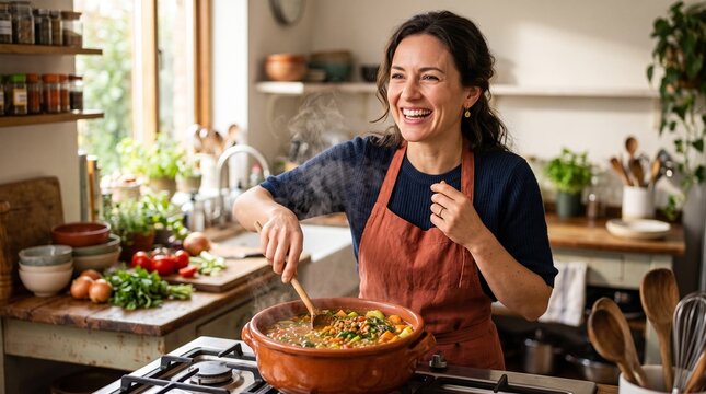 Woman cooking lentil soup, Young woman cooking and smiling in a cozy home kitchen  