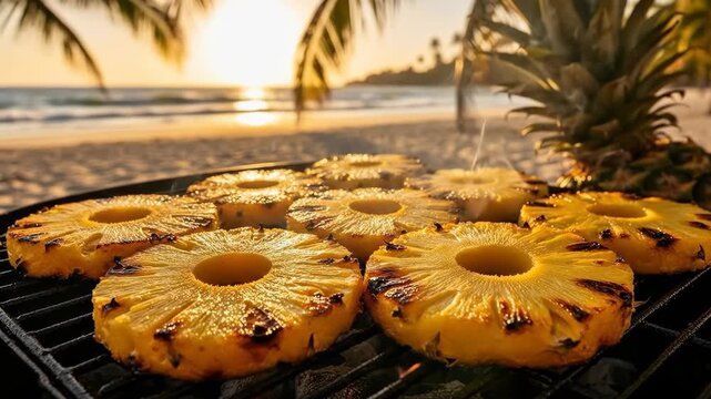 Grilled pineapple slices on a BBQ grill at a tropical beach sunset