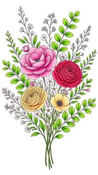 Wildflower bouquet drawing transforming from monochrome to color