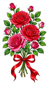 Pink rose bouquet changing from line drawing to full color