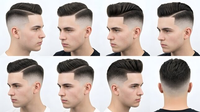 Collage of a young man showing various angles of a modern fade haircut.