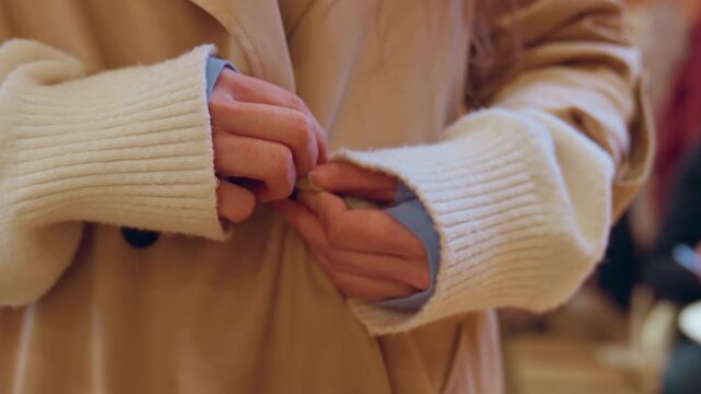 Close up of woman buttoning her beige coat with white ribbed cuffs in indoor setting. focus remains on hands and clothing details capturing texture detail as woman fastens each black fabric