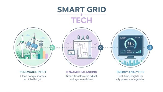 Business Infographic Template about Smart Grid Tech, 3 Steps Flat Line Art Vector Illustration