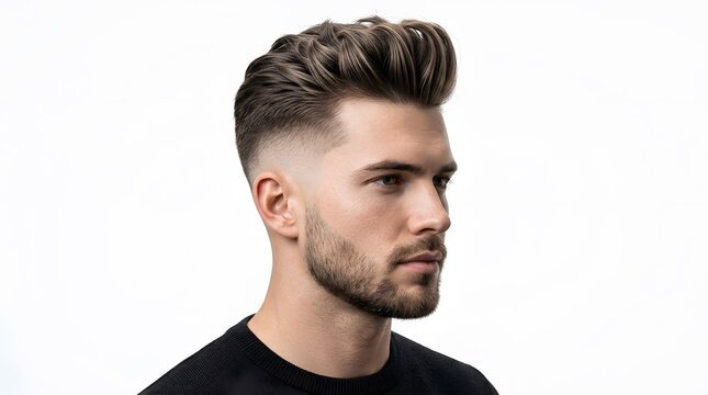 Portrait of a handsome young man with a stylish modern fade haircut and groomed beard.