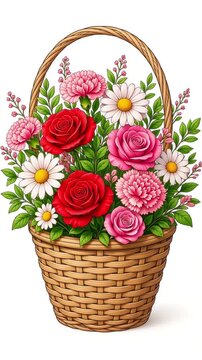 Flower basket illustration transforming from line art to color
