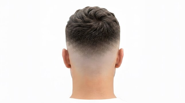 Rear view of a man with a modern short fade haircut isolated on white background.