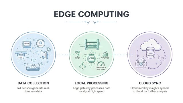 Business Infographic Template about Edge Computing, 3 Steps Flat Line Art Vector Illustration