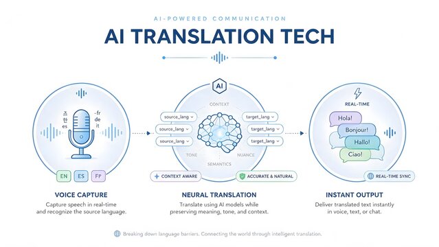 Business Infographic Template about AI Translation Tech, 3 Steps Flat Line Art Vector Illustration