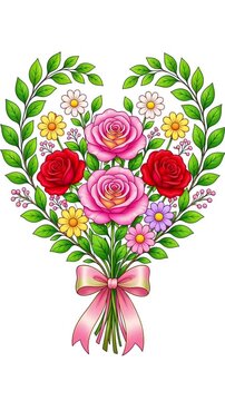 Heart shaped floral bouquet transforming from drawing to color