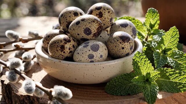 Close up Quail Eggs in Bowl with Pussy Willow and Mint Leaves