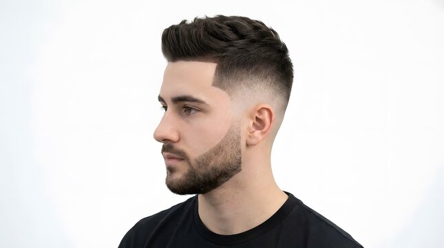 Young man with a stylish modern fade haircut and groomed beard looking away.