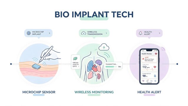 Business Infographic Template about Bio Implant Tech, 3 Steps Flat Line Art Vector Illustration