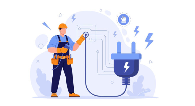 Electrician connecting power plug to panel, electrical work and safety concept