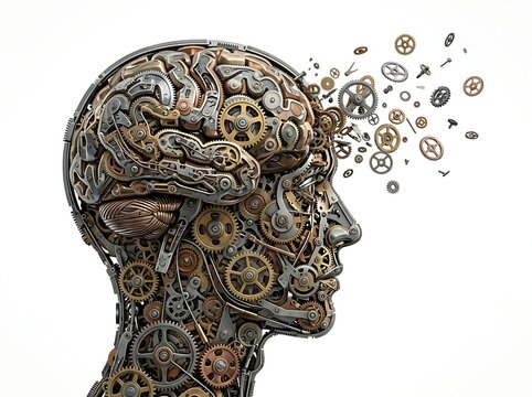 Conceptual illustration of a mechanical human head with gears and cogs representing thoughts and artificial intelligence isolated on white background