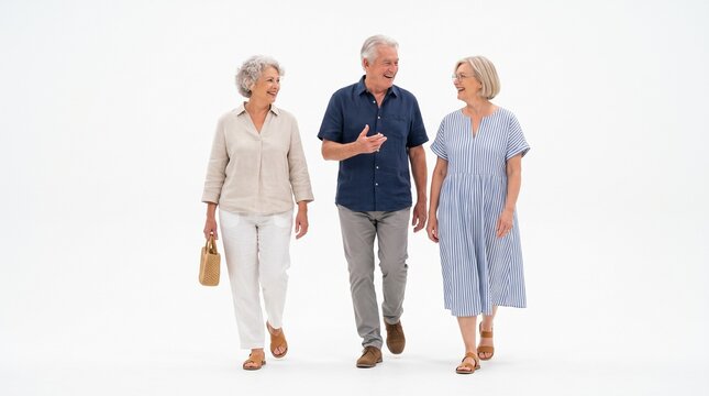 Three happy senior friends walking together and talking, isolated on white background