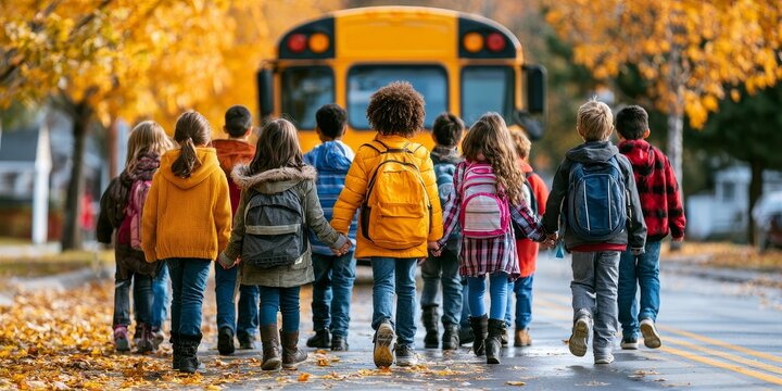 Group of diverse children walking toward a yellow school bus on a sunny autumn day, wearing colorful jackets and backpacks, surrounded by golden leaves.