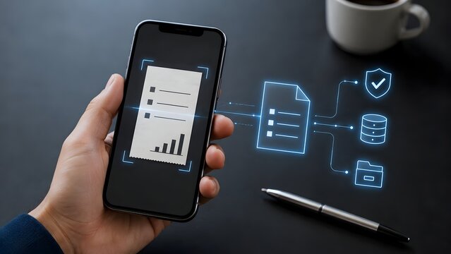 Mobile document scanning concept with hand holding smartphone extracting digital data from physical receipt into secure virtual folder and database