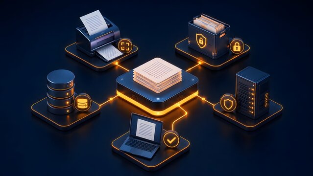 Electronic document management system workflow with paper stack connected to database archive printer and laptop via glowing network lines
