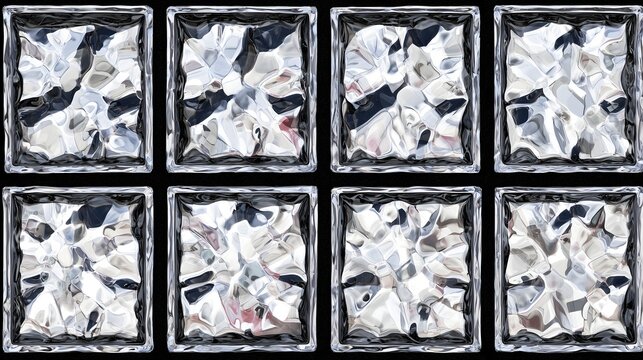 Seamless grid of reflective clear glass block tiles creating liquid silver distortions.