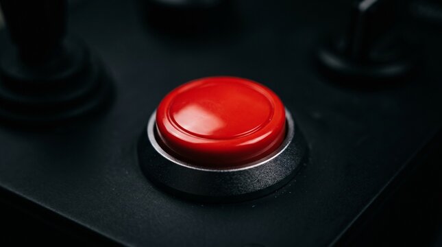 Close up of a bright red button on a dark control panel with shallow depth of field