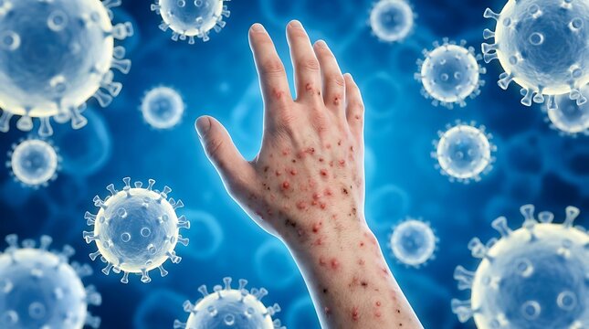Closeup of a human hand covered in red rash and skin lesions, surrounded by floating viral particles on a blue background, representing a viral infection