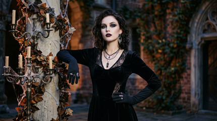 Fototapeta premium Young fashion model with gothic makeup and long black gloves posing in an elegant Halloween look, featuring dramatic eyes, pale skin, dark lips and a mysterious glamorous