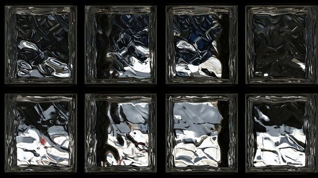 Wall pattern formed by textured dark glass blocks reflecting silver and metallic lights.