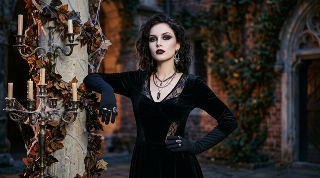 Young fashion model with gothic makeup and long black gloves posing in an elegant Halloween look, featuring dramatic eyes, pale skin, dark lips and a mysterious glamorous