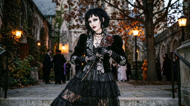 Young fashion model with gothic makeup and long black gloves posing in an elegant Halloween look, featuring dramatic eyes, pale skin, dark lips and a mysterious glamorous