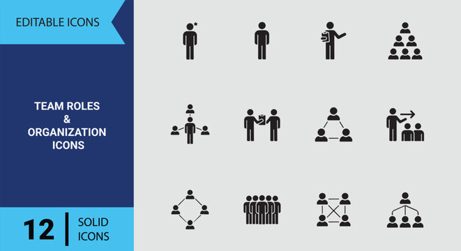 Detailed Solid Icons Highlighting Team Member Roles Workplace Hierarchy Departmental Structure and Organizational Responsibilities