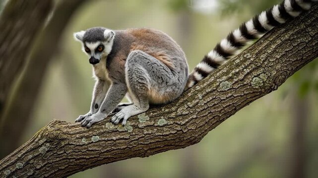 A ring-tailed lemur sits alertly on a tree branch, observing its natural habitat.
