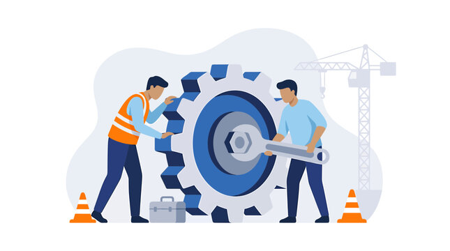 Engineers Working Together to Fix a Large Gear Vector Illustration