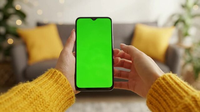 Pov person holding smartphone with green screen for app mockup and chroma key compositing mobile app
