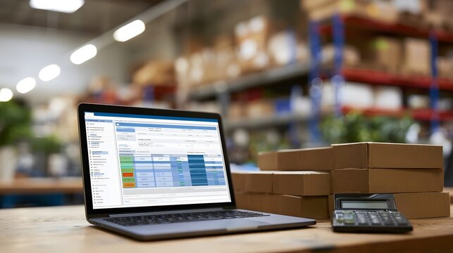 Laptop displaying inventory management software on a wooden desk with stacked cardboard boxes and a calculator in a warehouse setting