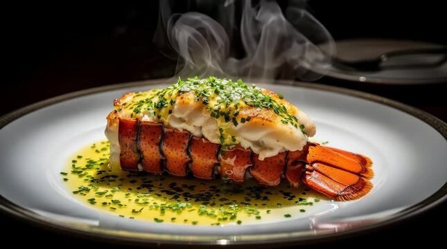 Steaming hot gourmet lobster tail with butter sauce and fresh herbs, elegant.