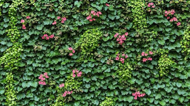 Lush green ivy wall with vibrant pink flowers, creating a natural texture.