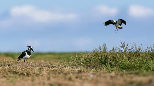 Birds in grassland one flying one standing