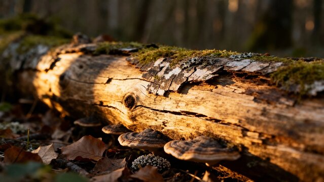 Mushrooms growing on a moss-covered fallen log in a forest during golden hour lighting