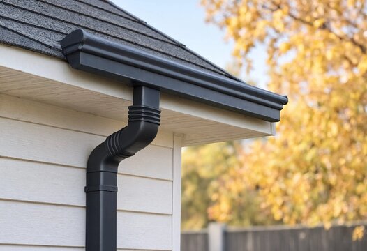 Modern black rain gutter and downspout mounted on a residential roof edge, featuring white soffit panels, daylight, and softly blurred golden autumn foliage background.