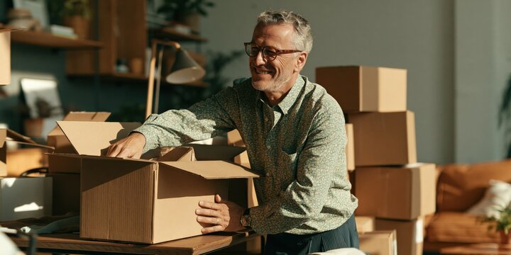 Mature man packing cardboard boxes in warm living space for shipping and small business packaging background and e-commerce banner