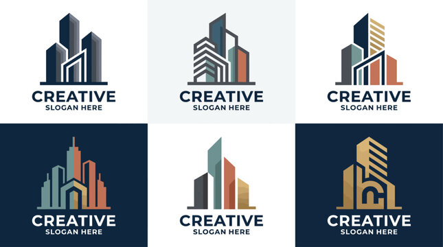 This image features six contemporary logos showcasing abstract skyline designs, ideal for real estate branding, emphasizing innovation, modernity, and architectural excellence.