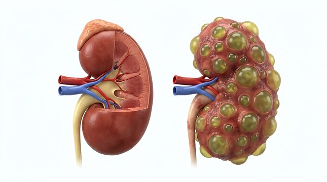 Comparison of a healthy human kidney and a kidney affected by polycystic kidney disease isolated on white background