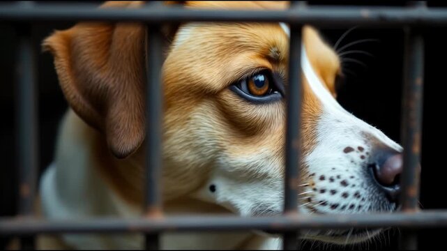 Close up of a dog confined in a cage, ideal for scenes where pets are trapped or in distress