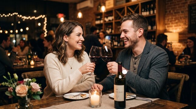 Young couple enjoying a romantic dinner date toasting red wine glasses in a cozy restaurant ambiance