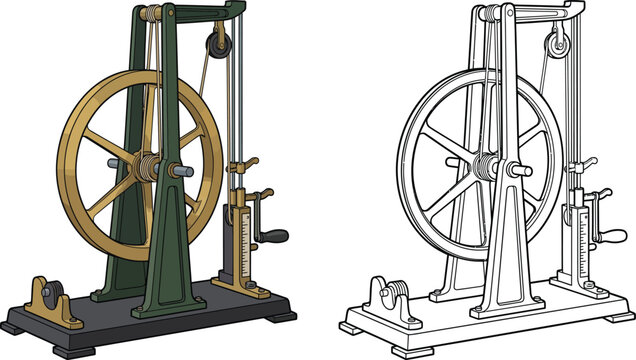Vintage dynamo machine illustration historical electrical generator with flywheel and crank isolated on white background for science and education