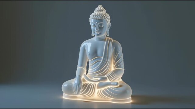 A white Buddha statue sits on top of a table, a simple and serene depiction